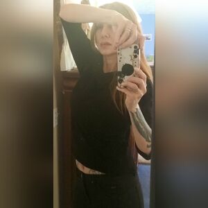 OVLA SOFT KNIT DEEP COWL NECK 3/4 SLEEVE BLACK SWEATER, P/M